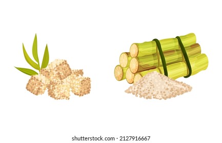Tied Sugarcane Fibrous Stalk and Pile of Cubes Vector Set