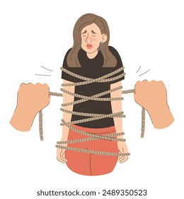 Mujer atada, mano grande sosteniendo el Vector de cuerda aislado. Concepto de maltrato y violencia doméstica. Triste personaje femenino sufriendo, problemas en la relación.