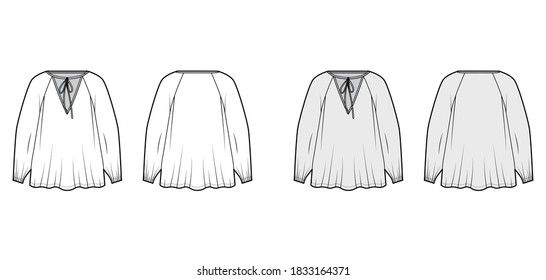 Tie-detailed neckline blouse technical fashion illustration with long raglan sleeves, oversized, elongated flare hem. Flat shirt template front back white grey color. Women men, unisex top CAD mockup