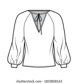 Tie-detailed neckline blouse technical fashion illustration with long raglan bishop sleeves, oversized, elongated hem. Flat apparel shirt template front white color. Women men, unisex top CAD mockup