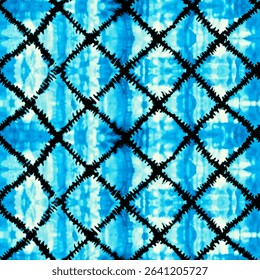 Tie-dye diamond pattern, in the style of blue and black,  tie-dye seamless pattern, shibori style, vector illustration, doodle summer, kids and baby designs for print fabric.