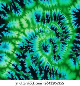 Tie-dye pattern in green and blue colors, spiral design. tie-dye seamless pattern, shibori style, vector illustration, doodle summer, kids and baby designs for print fabric.