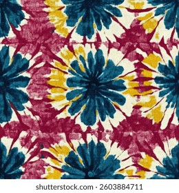Tie-dye pattern with large flowers in red, blue, and yellow on a white background, ikat pattern, Tie-dye seamless pattern, Vector illustration background for print the paper.