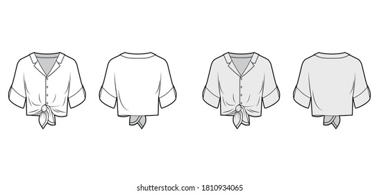 Tie-front blouse technical fashion illustration with lapel notched collar neck, roll cuff elbow sleeve. Flat top apparel template front, back, white grey color. Women, men unisex shirt CAD mockup