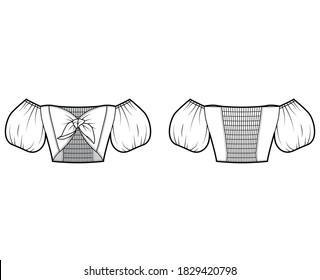 Tie-front cropped off-the-shoulder top technical fashion illustration with bow-detailed front, short puffy blouson sleeves, partially elasticated back. Flat template white color. Women men unisex CAD