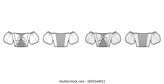 Tie-front cropped off-the-shoulder top technical fashion illustration with bow-detailed front, short puffy blouson sleeves, partially elasticated back. Flat template white grey color. Women men CAD