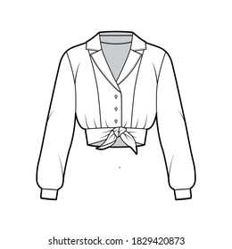 Tie-front cropped shirt technical fashion illustration with camp collar, long sleeves with cuff, front button fastenings. Flat blouse apparel template front white color. Women men unisex top mockup