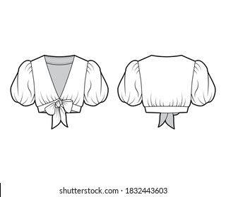 Tie-front cropped shirt technical fashion illustration with voluminous short puff sleeves, plunging neckline. Flat blouse apparel template front, back, white color. Women, men, unisex top CAD mockup. 