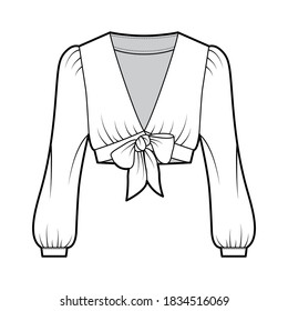 Tie-front cropped shirt technical fashion illustration with voluminous long sleeves, plunging neckline. Flat blouse apparel template front, white color. Women, men, unisex top CAD mockup. 