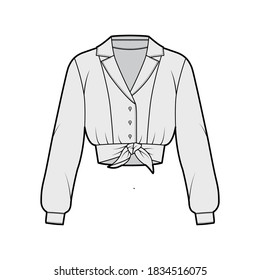 Tie-front cropped shirt technical fashion illustration with camp collar, long sleeves with cuff, front button fastenings. Flat blouse apparel template front grey color. Women men unisex top CAD mockup
