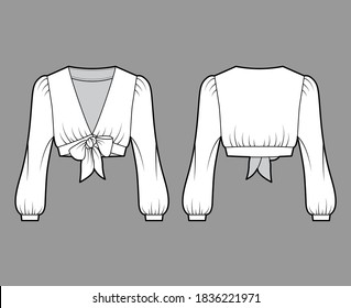 Tie-front cropped shirt technical fashion illustration with voluminous long sleeves, plunging neckline. Flat blouse apparel template front, back, white color. Women, men, unisex top CAD mockup. 