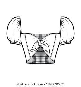 Tie-front cropped top technical fashion illustration with bow-detailed front, short puffy blouson sleeves, elasticated back and shoulders. Flat template white color. Women, men, unisex CAD mockup