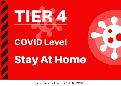 NIVEL 4 - Nivel COVID Stay At Home - Ilustración con el logotipo del virus en un fondo rojo.