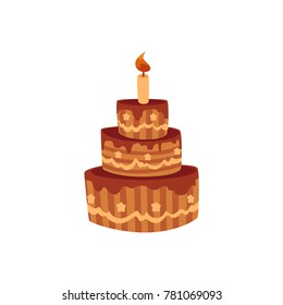 Tier birthday cake with chocolate icing and burning candle, cartoon vector illustration isolated on white background. Chocolate birthday cake with three tiers and one burning candle