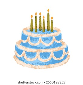 Tiered birthday cake with whipped cream swirls and festive candles. Sweet layered dessert for b-day celebration party. Confectionery, patisserie. Flat vector illustration isolated on white background