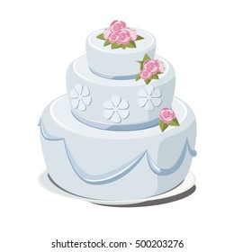 tiered cake with blue icing, whipped cream, decorated with roses