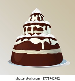 Tiered cake with chocolate icing, whipped cream.