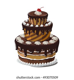 tiered cake with chocolate icing, whipped cream and cherry