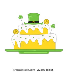 Tiered Cake with Cream Decorated with Clover Leaves and a Leprechaun Hat and Coins Treats for St Patricks Day