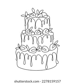 Tiered cake decorated with strawberries and chocolate. One line drawing. For different uses. Vector illustration