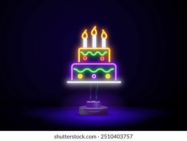 Tiered cake neon icon. Happy Birthday tasty item. Outer glowing effect emblem. Holiday celebration design on brick wall. Luminous sign.