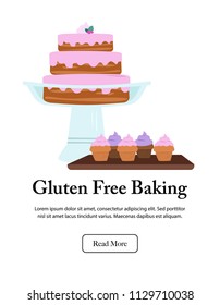 Tiered cake on pedestal with wooden tray of cupcakes. Bakery display. Isolated vector illustration.