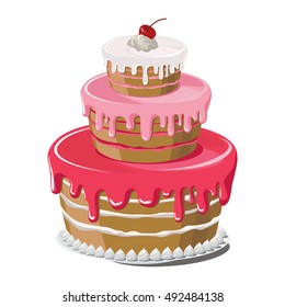 tiered cake with pink icing, whipped cream and cherry