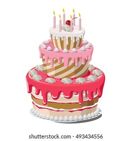 tiered cake with pink icing, whipped cream, cherry and candles