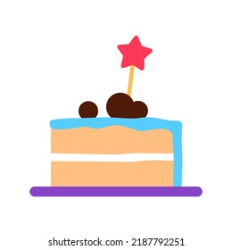 Tiered cake slice with candy isolated on white background. Baked frosted Birthday treat piece with chocolate decoration. Abstract cream snack sign. Flat bright pastry. Minimal logo vector illustration