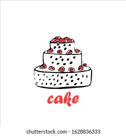 Tiered cake with strawberries. Vector image in the Doodle style.