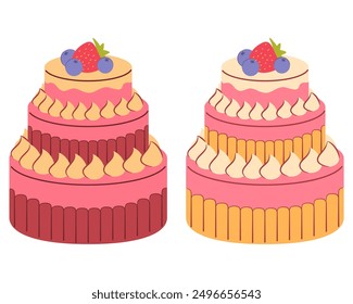 Tiered cake.Birthday and wedding cakes.Tasty sweet desserts.Wedding cake.Cake with fresh berries.Isolated on white background.Vector flat illustration.