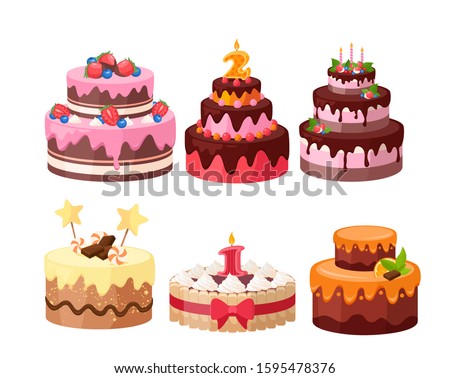 Tiered cakes colorful flat vector illustrations set. Birthday and wedding cakes decorated with candies, chocolate, berries and fruits collection. Tasty sweet desserts isolated on white background.
