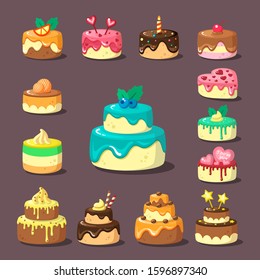 Tiered cakes with cream and fruit flat vector illustration set