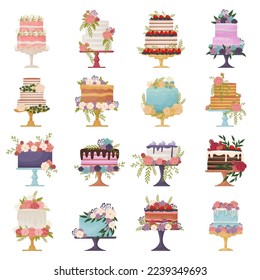 Tiered Cakes as Wedding and Birthday Dessert Decorated with Lush Flowers Big Vector Set