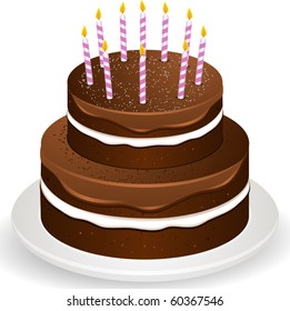 tiered chocolate birthday cake with glowing candles