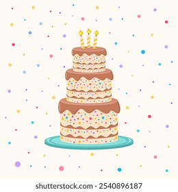 Tiered delicious sweet cake with chocolate layers and icing. Delicious confection isolated cartoon vector illustration.