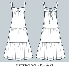 Tiered Dress technical fashion illustration. Bustier Strap Dress fashion flat technical drawing template, maxi, relaxed fit, front and back view, white, women CAD mockup.