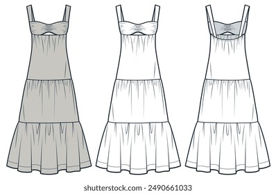 Tiered Dress technische Mode-Illustration. Bustier Strap Dress Mode flache technische Zeichnung Vorlage, Maxi, entspannte Passform, Vorder- und Rückansicht, weiß, beige, Frauen CAD Mockup Set.