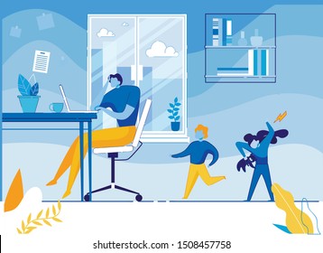 Tiered Father Sitting at Table Working on Laptop while Children Spending Time Actively Flat Cartoon Vector Illustration. Girl Shouting at Brother and Holding Teddy Bear. Kid Running to Man.