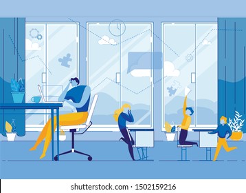 Tiered Father or Teacher Sitting at Table while Children Spending Time Actively Flat Cartoon Vector Illustration. Kids Sitting at Desk in Classroom. Girl Closing Face with Hands. Boy Standing on Knee.