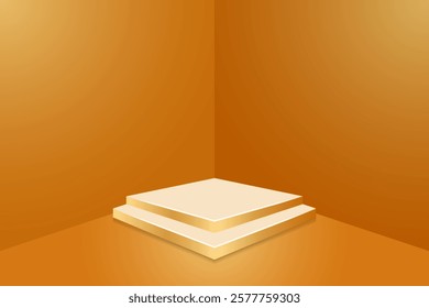 tiered gold podium to display products with wall corner background