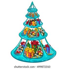Tiered ice tray with Christmas gifts, sweets and decorations. Sketch for greeting card, festive poster or party invitations.The attributes of Christmas and New year. Vector illustration.