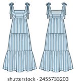 Tiered Maxi Dress technical fashion illustration, striped design. Strap Dress fashion flat technical drawing template, bustier, relaxed fit, front and back view, blue, women CAD mockup set.