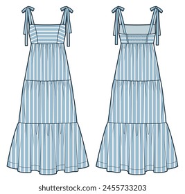 Tiered Maxi Dress technical fashion illustration, striped design. Strap Dress fashion flat technical drawing template, bustier, relaxed fit, front and back view, blue, women CAD mockup set.