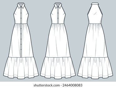 Tiered maxi Dress technical fashion illustration. Halter Dress fashion flat technical drawing template, collar, buttons, relaxed fit, front and back view, white, women Dress CAD mockup set.