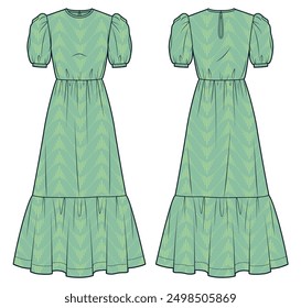 Tiered Maxi Dress technical fashion illustration, geometric pattern. Puff Sleeve Dress fashion flat technical drawing template, relaxed fit, front and back view, green, women CAD mockup.