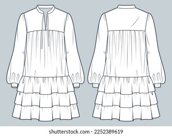 Tiered Mini Dress technical fashion illustration.  Ruffled Dress fashion  technical drawing template, frill details, long sleeve, collar, oversize, front and back view, white color, women CAD mockup.