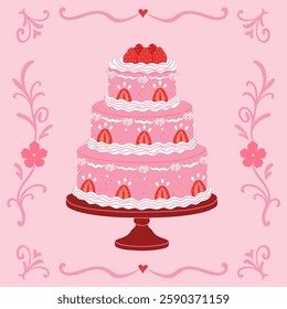 Tiered pink strawberry cake on a stand on a pink background. Vector graphics.