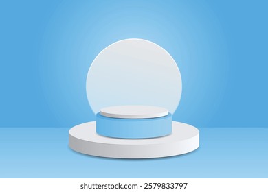 A tiered podium in blue and white, set against a backdrop of glowing circles, creates a minimalist and elegant look.