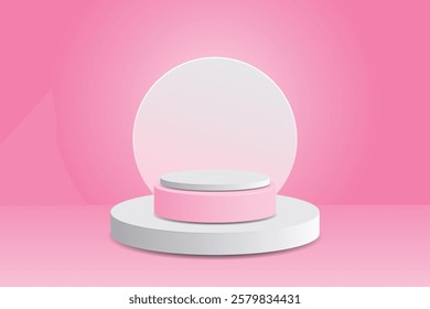 A tiered podium in pink and white, set against a backdrop of glowing circles, creates a minimalist and elegant look.